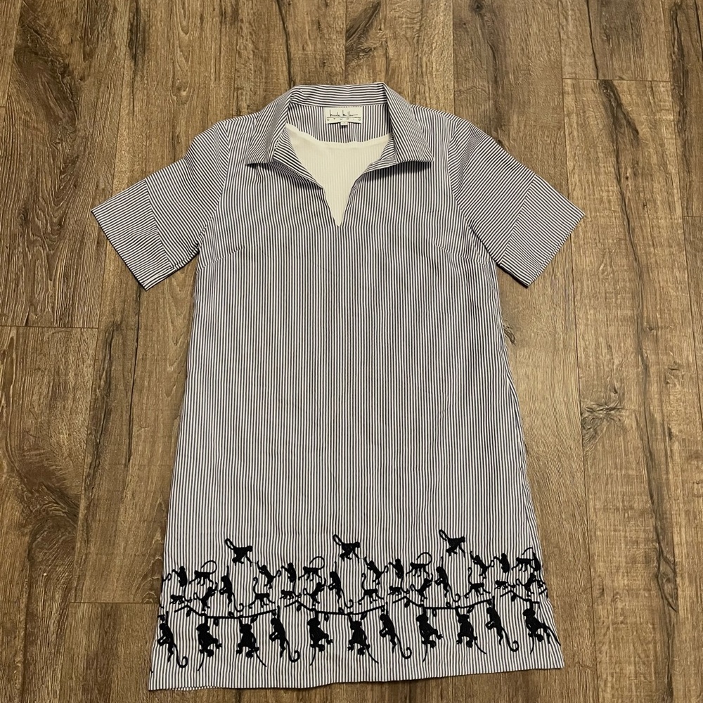 Nicole miller size 6 short sleeve dress navy white stripe Embroidered monkey